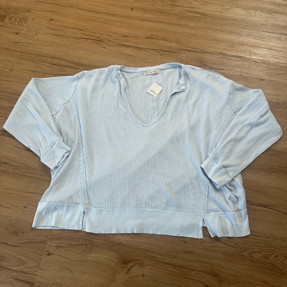 We The Free Free People blue Waffle Knit Thermal V-Neck Top OB1245580 Small NWT